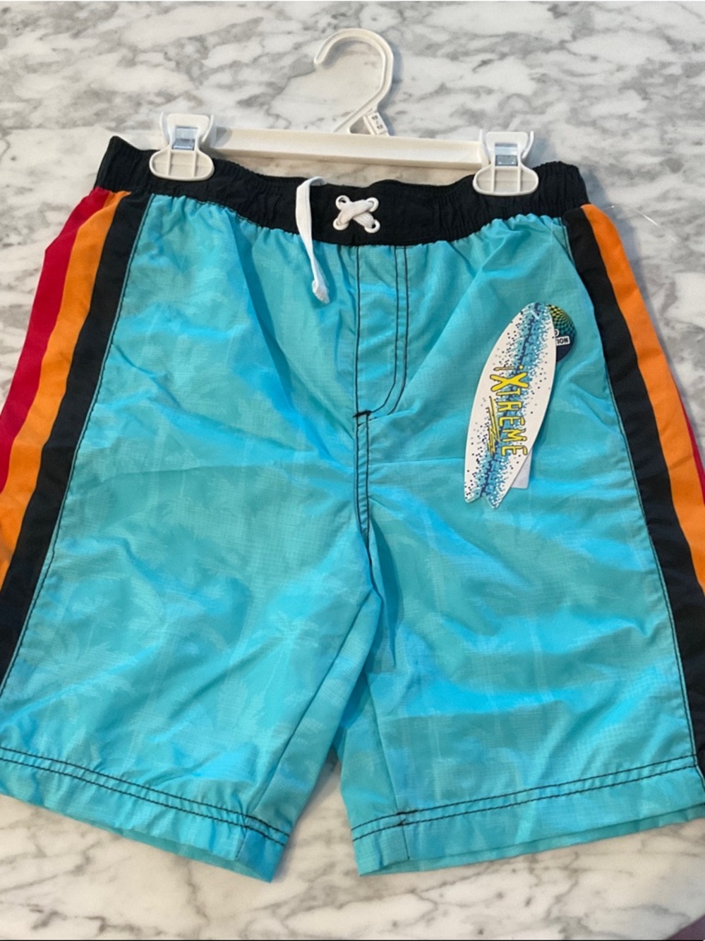 Boys Aqua Blue Surf Swim Shorts with Multicolor Side Stripes